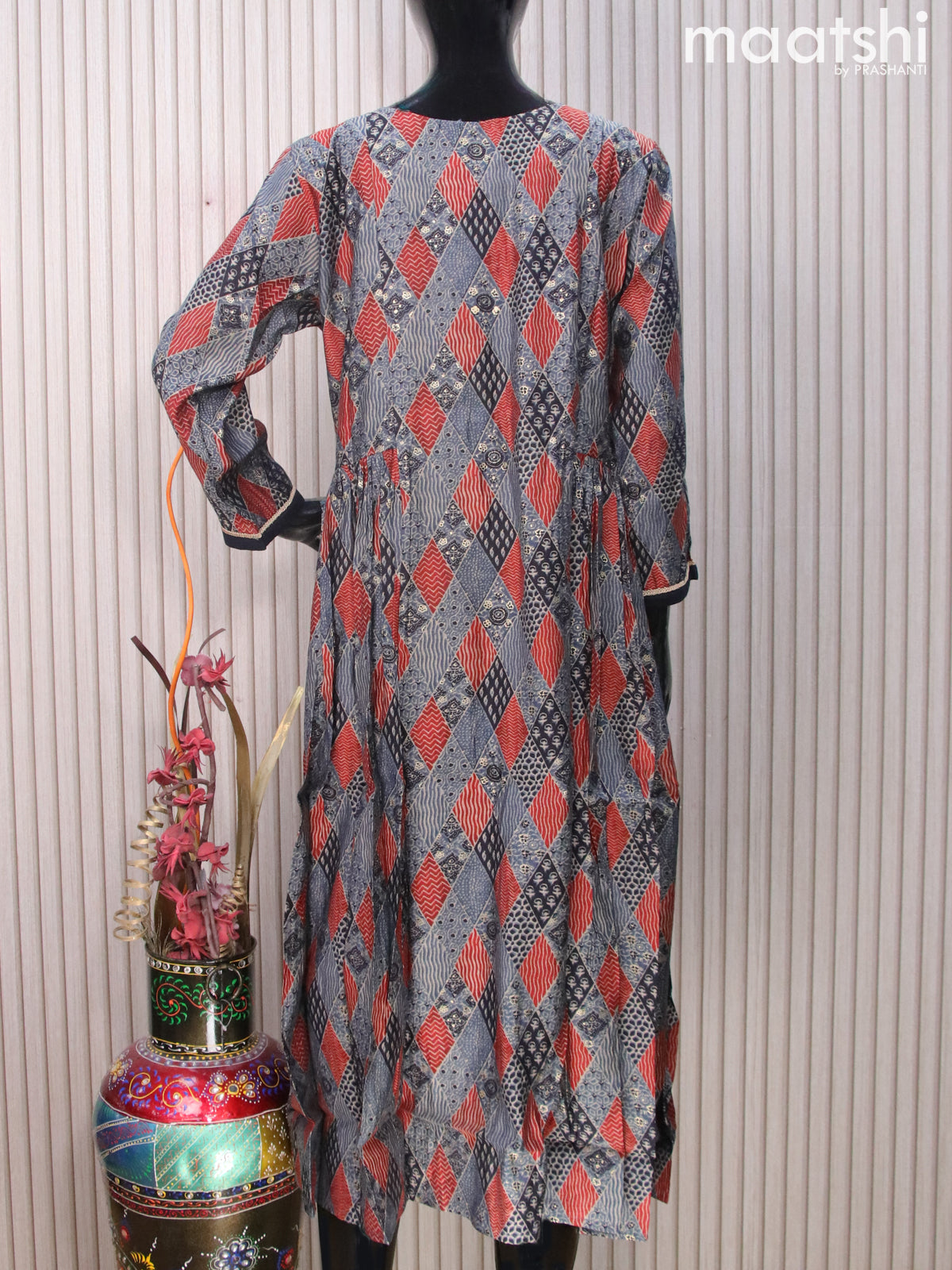 Muslin readymade umbrella kurti indigo blue and maroon with allover prints & embroidery work neck pattern without pant