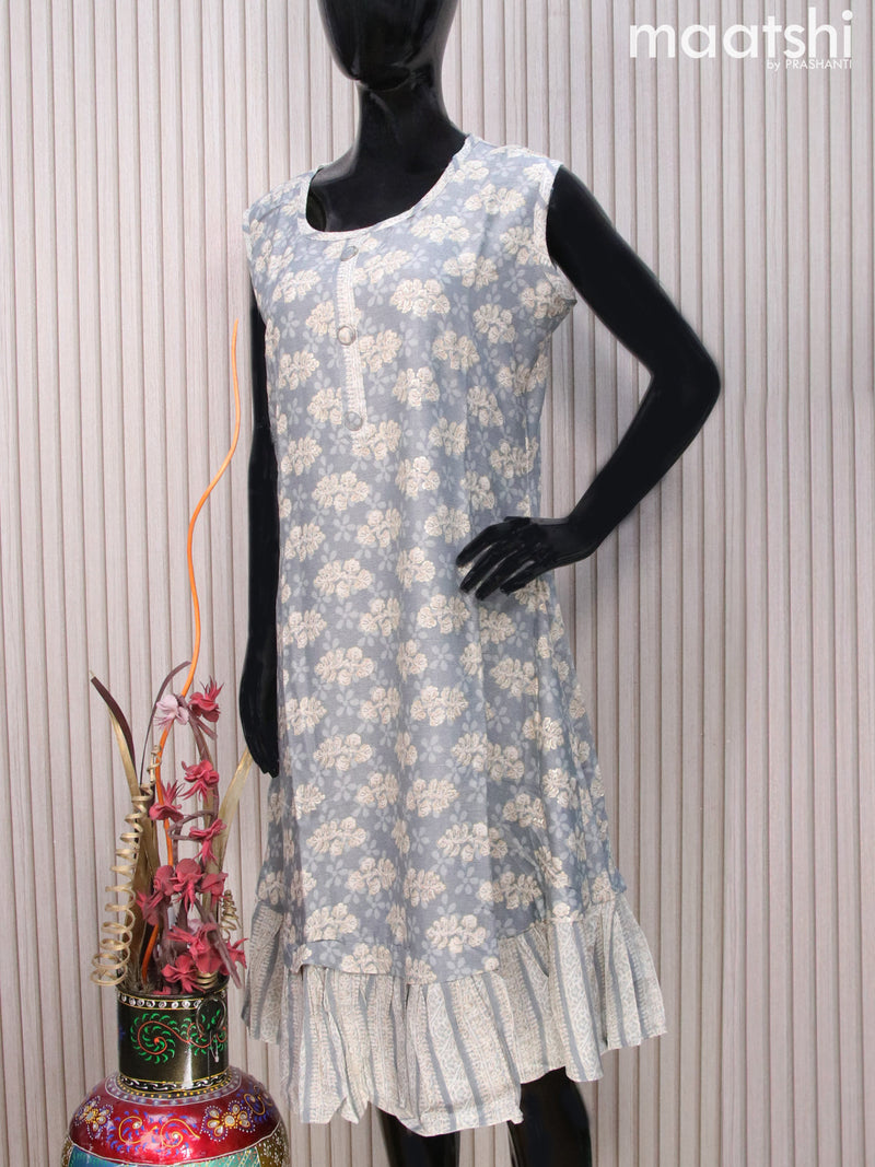 Rayon readymade umbrella kurti grey with allover prints & simple neck pattern without pant