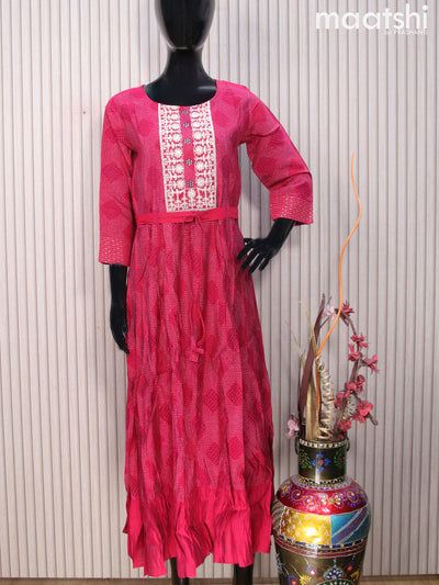 Modal readymade umbrella kurti magenta pink with bandhani prints & sequin work neck pattern and hip belt & without pant