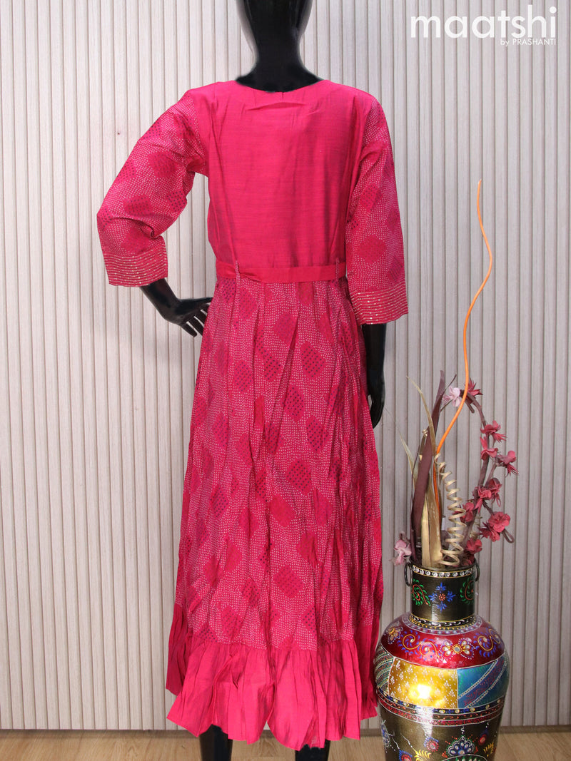 Modal readymade umbrella kurti magenta pink with bandhani prints & sequin work neck pattern and hip belt & without pant