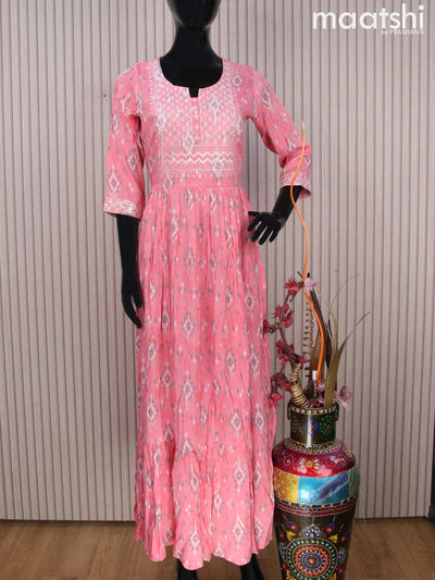 Rayon readymade umbrella kurti peach pink with allover ikat prints & embroidery work neck pattern without pant