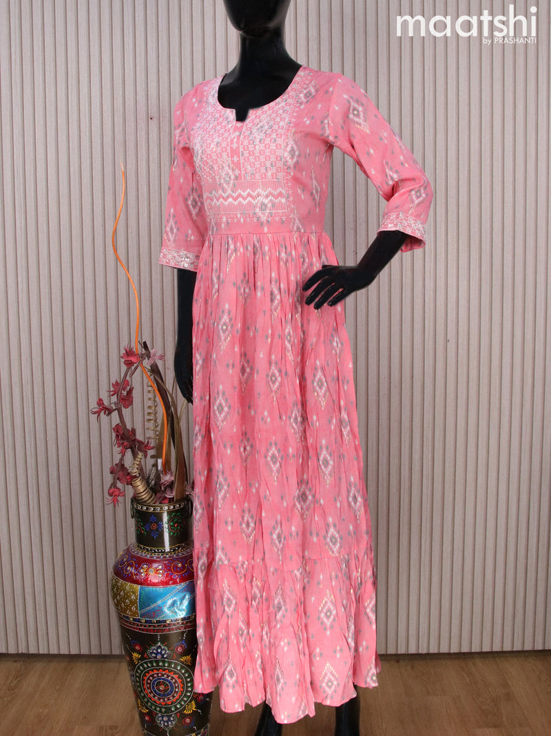 Rayon readymade umbrella kurti peach pink with allover ikat prints & embroidery work neck pattern without pant