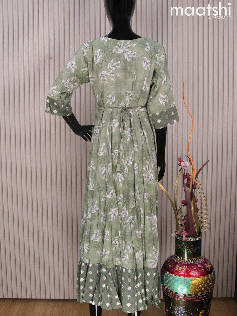 Rayon readymade umbrella kurti green with leaf prints & mirror work neck pattern without pant