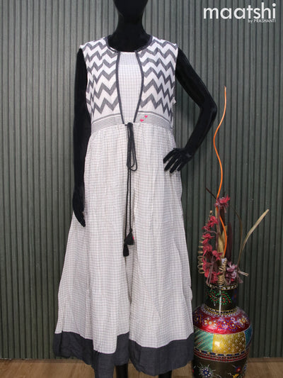 Cotton readymade umbrella kurti off white and black with allover thread weaves & coat type without pant