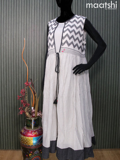 Cotton readymade umbrella kurti off white and black with allover thread weaves & coat type without pant