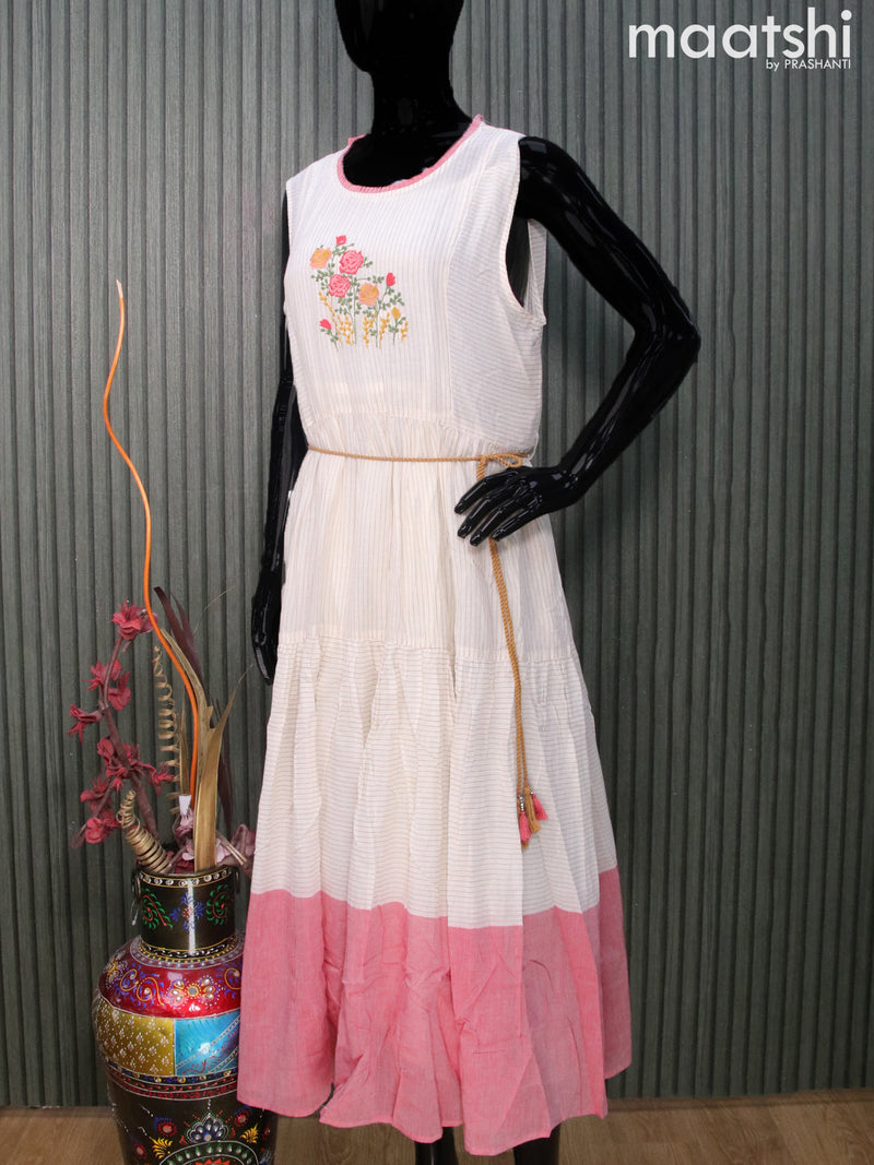 Cotton readymade umbrella kurti off white with floral embroidery work without pant