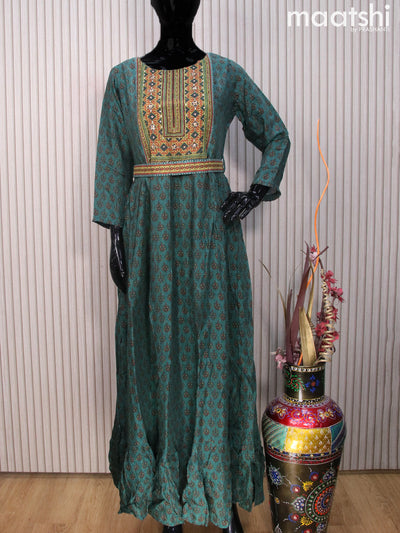 Muslin readymade floor length kurti peacock green with allover butta prints & beaded work neck pattern and hip belt & without pant