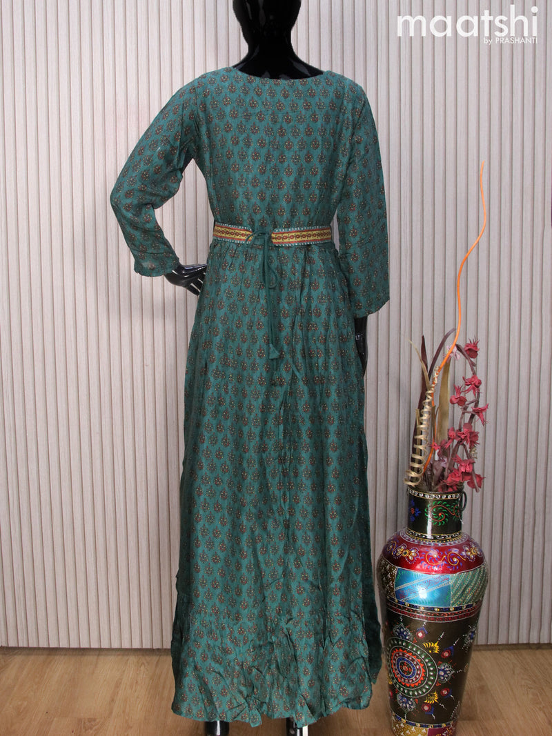Muslin readymade floor length kurti peacock green with allover butta prints & beaded work neck pattern and hip belt & without pant