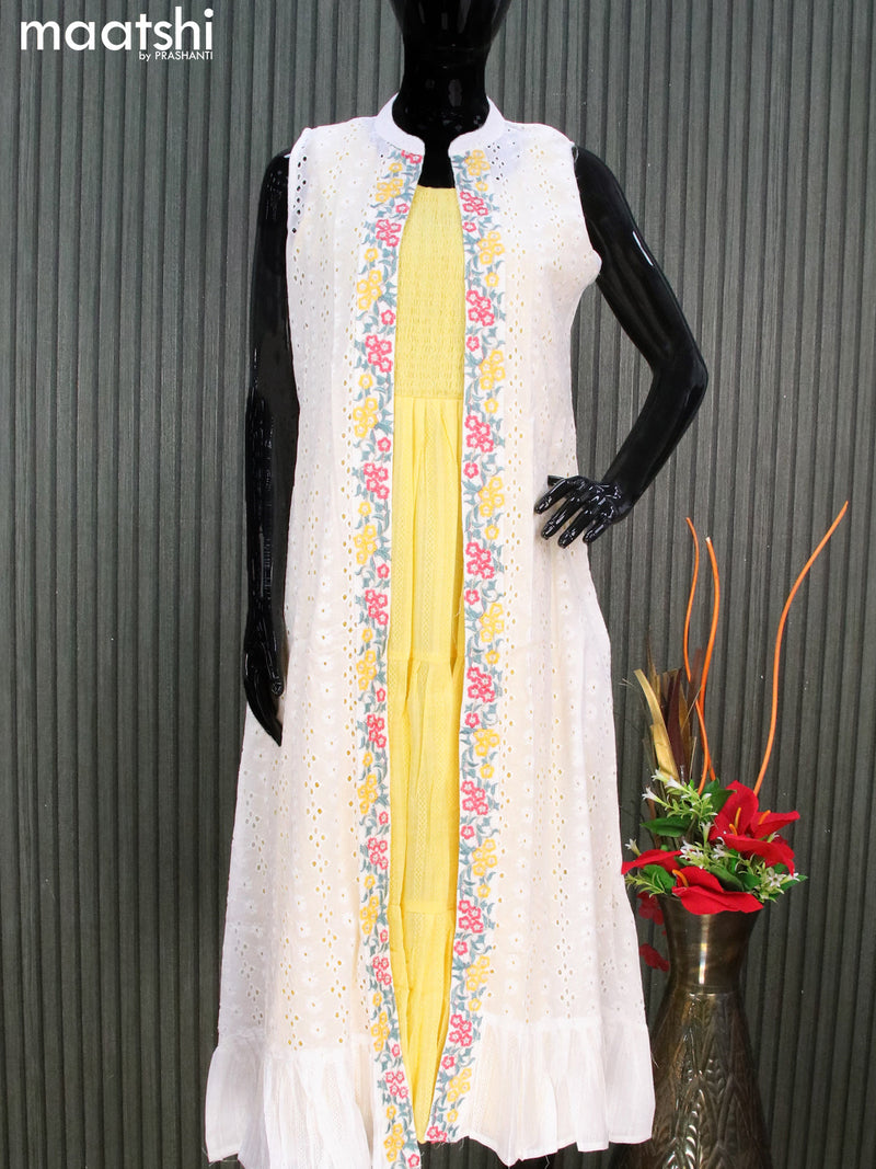 Cotton readymade party wear dress yellow and off white with allover thread weaves & smoking neck pattern & coat type hakoba work pattern sleeve attached and hip belt & without pant
