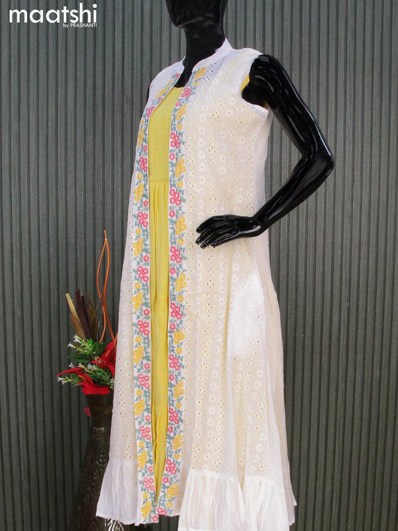 Cotton readymade party wear dress yellow and off white with allover thread weaves & smoking neck pattern & coat type hakoba work pattern sleeve attached and hip belt & without pant