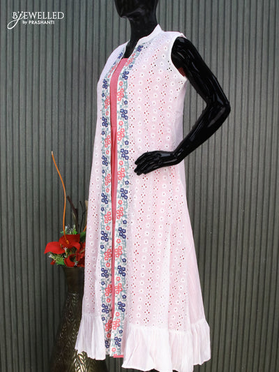 Cotton readymade party wear dress pink shade and off white with allover thread weaves & smoking neck pattern & coat type hakoba work pattern sleeve attached and hip belt & without pant