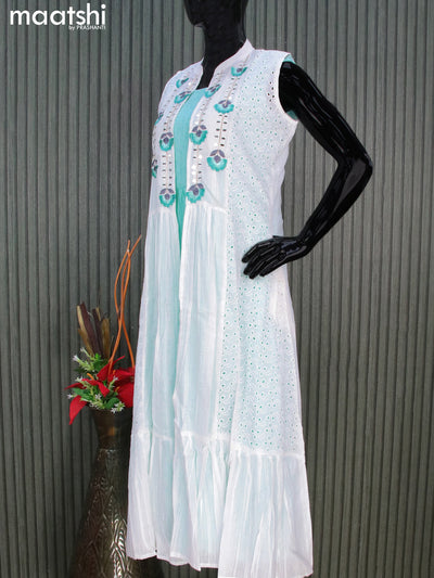Cotton readymade party wear dress light blue and off white with allover thread weaves & smoking neck pattern & coat type mirror work pattern sleeve attached and hip belt & without pant