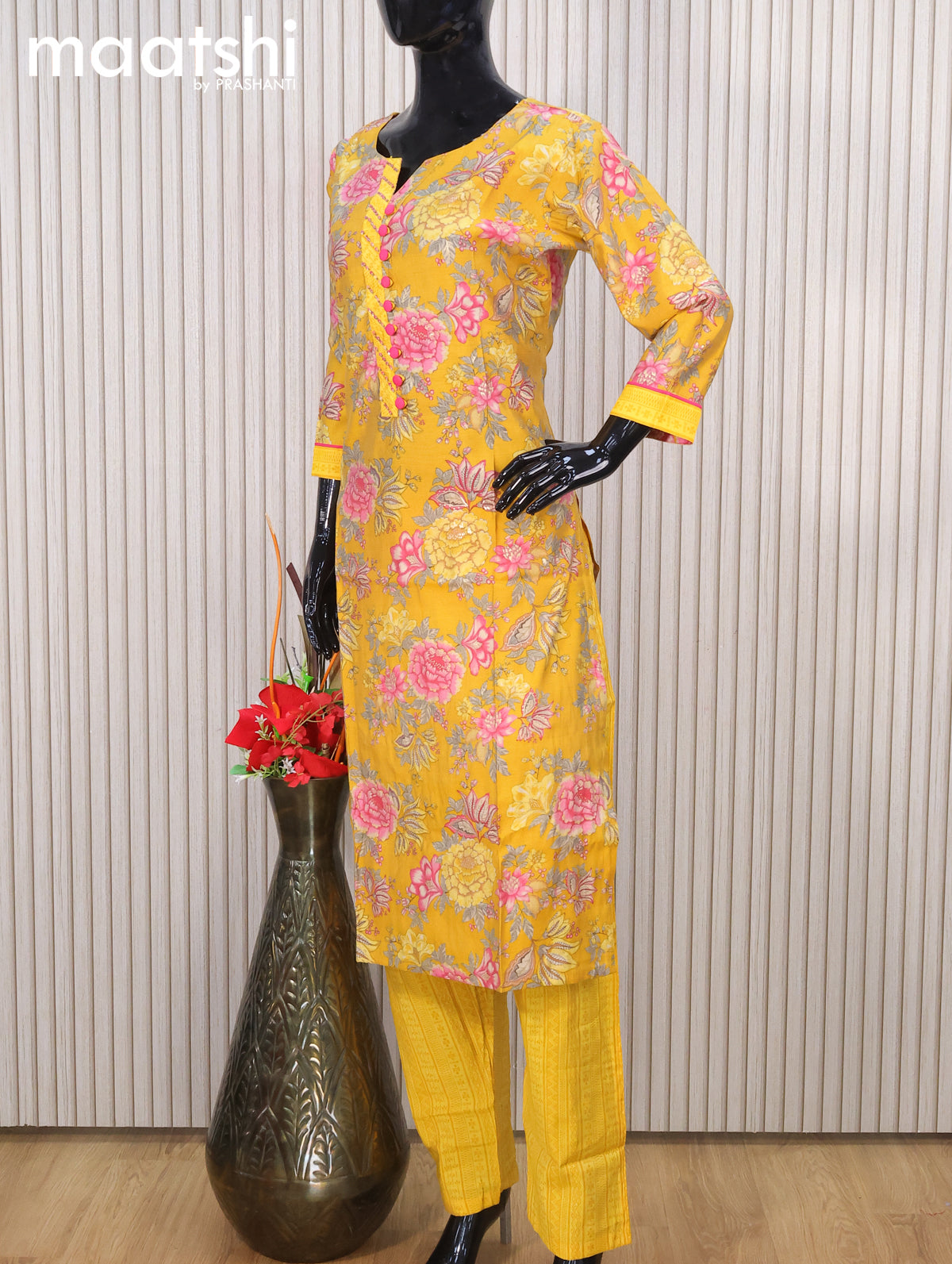 Modal readymade salwar suits mustard yellow with allover floral prints & sequin work neck pattern and straight cut pant & printed dupatta