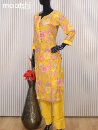 Modal readymade salwar suits mustard yellow with allover floral prints & sequin work neck pattern and straight cut pant & printed dupatta