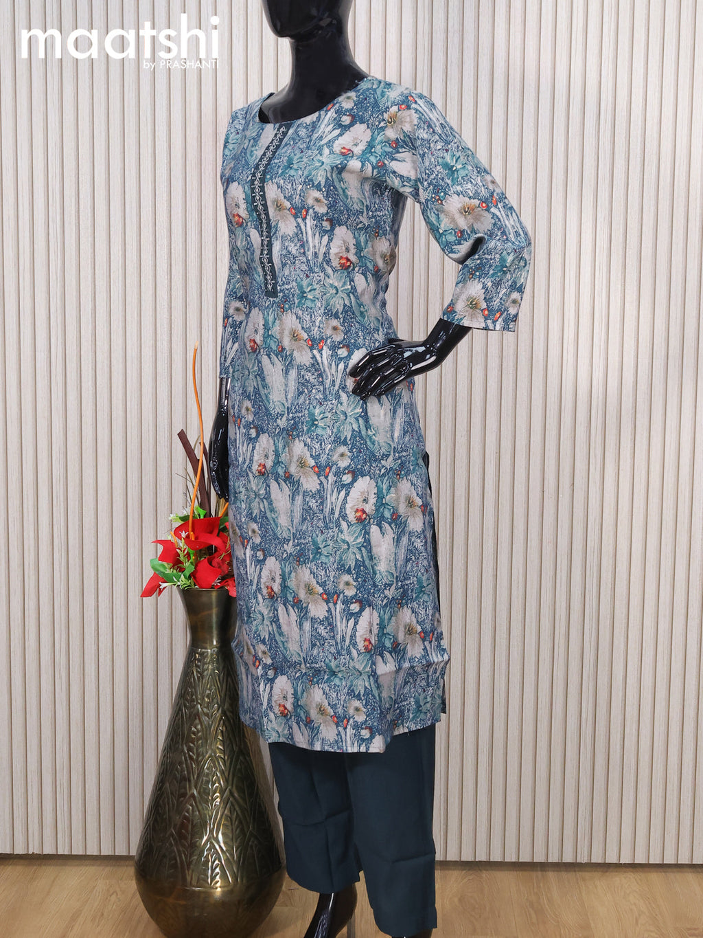 Modal readymade salwar suits grey shade and teal blue with allover prints & mirror work neck pattern and straight cut pant & printed dupatta