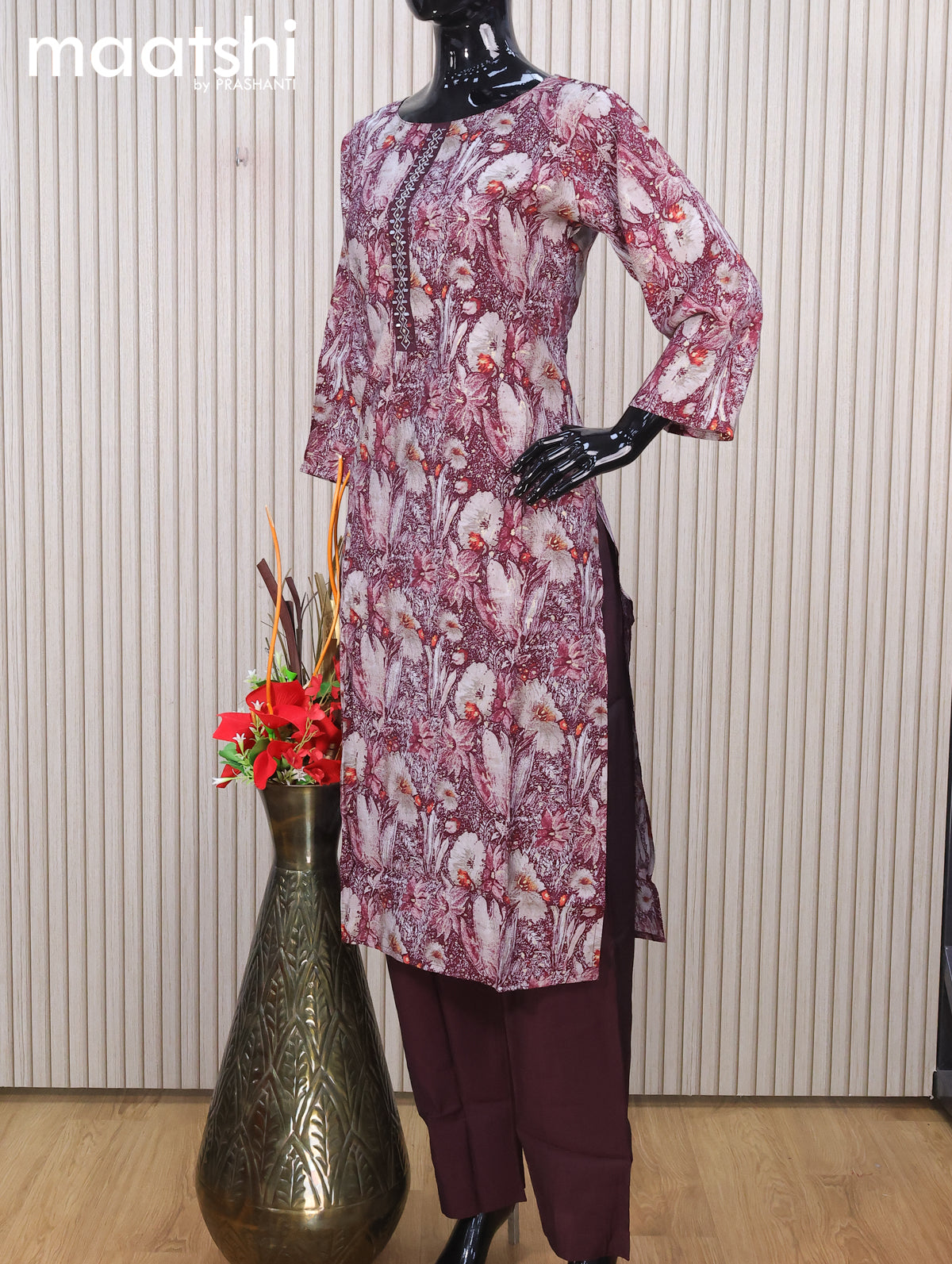Modal readymade salwar suits grey shade and wine shade with allover prints & mirror work neck pattern and straight cut pant & printed dupatta