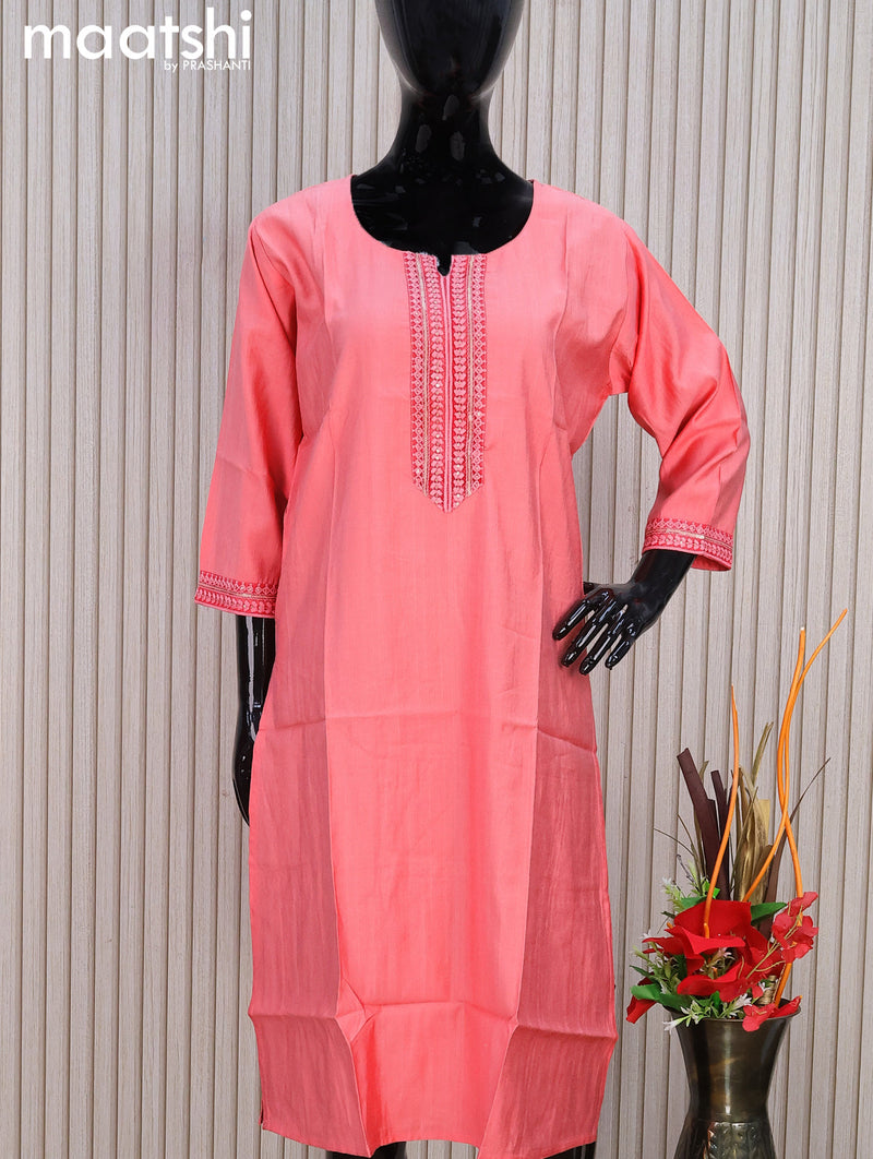 Rayon readymade kurti peach pink with sequin lace patch work neck pattern without pant