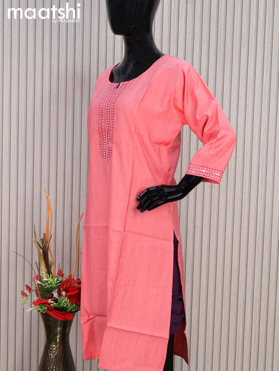 Rayon readymade kurti peach pink with sequin lace patch work neck pattern without pant