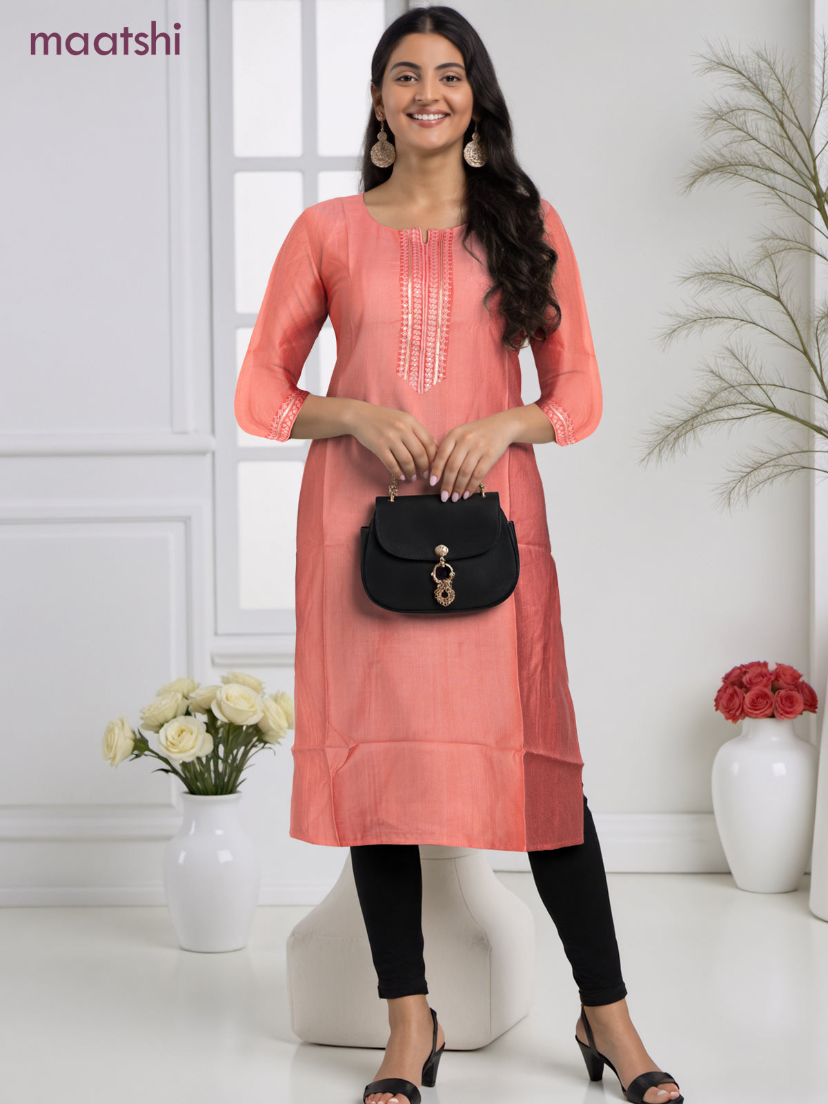 Rayon readymade kurti peach pink with sequin lace patch work neck pattern without pant