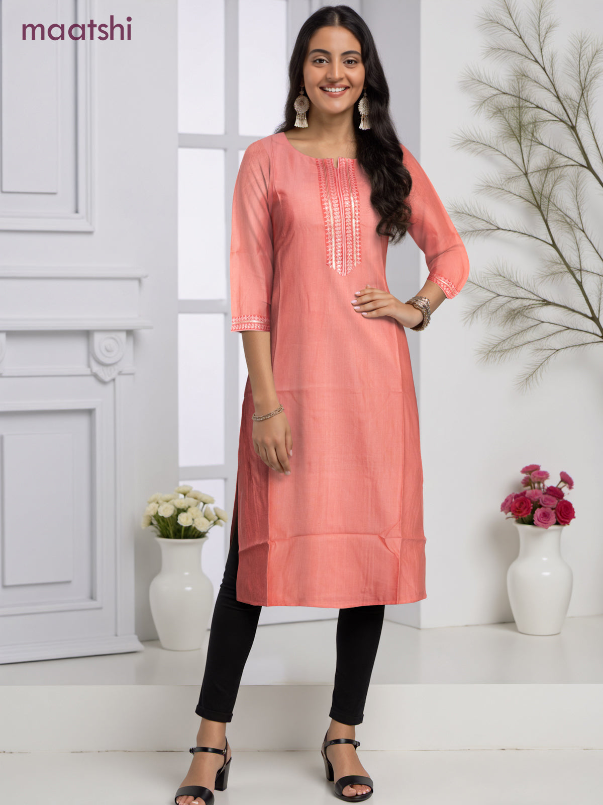 Rayon readymade kurti peach pink with sequin lace patch work neck pattern without pant