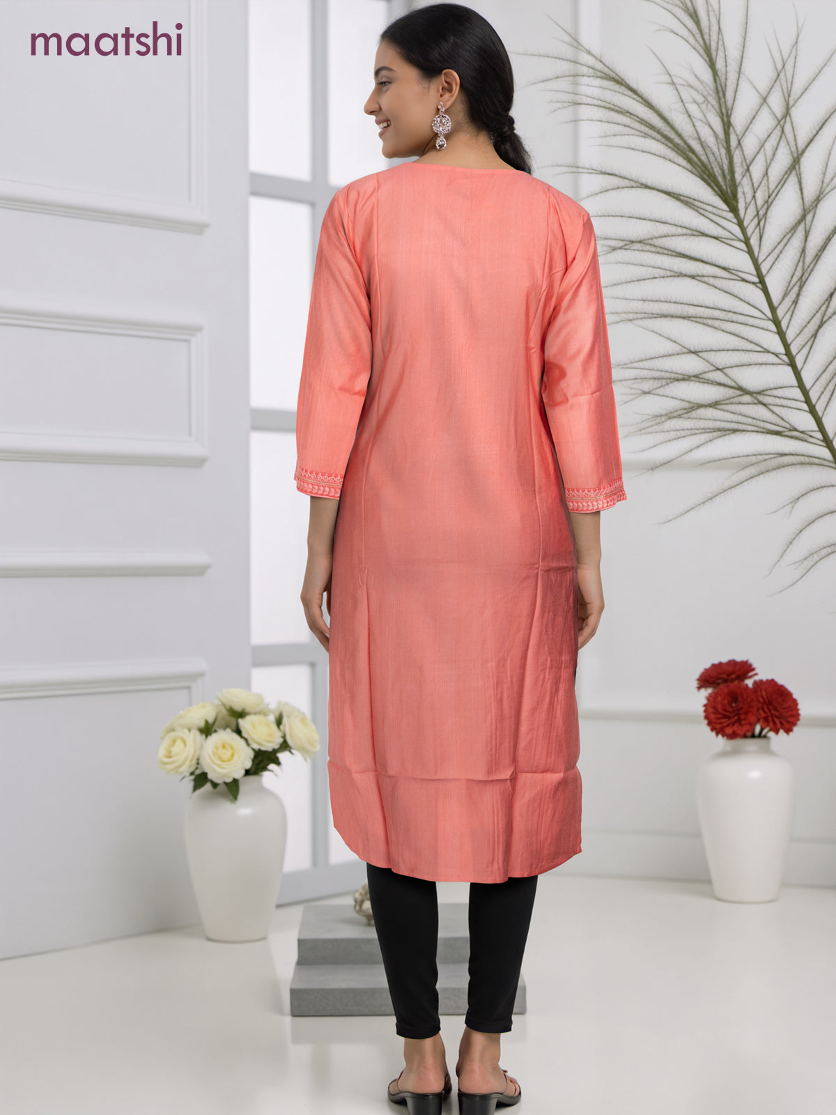 Rayon readymade kurti peach pink with sequin lace patch work neck pattern without pant