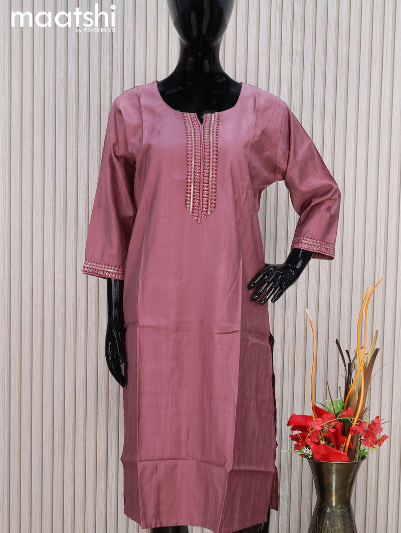Rayon readymade kurti pastel pink shade with sequin lace patch work neck pattern without pant
