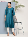 Rayon readymade kurti peacock blue with sequin lace patch work neck pattern without pant