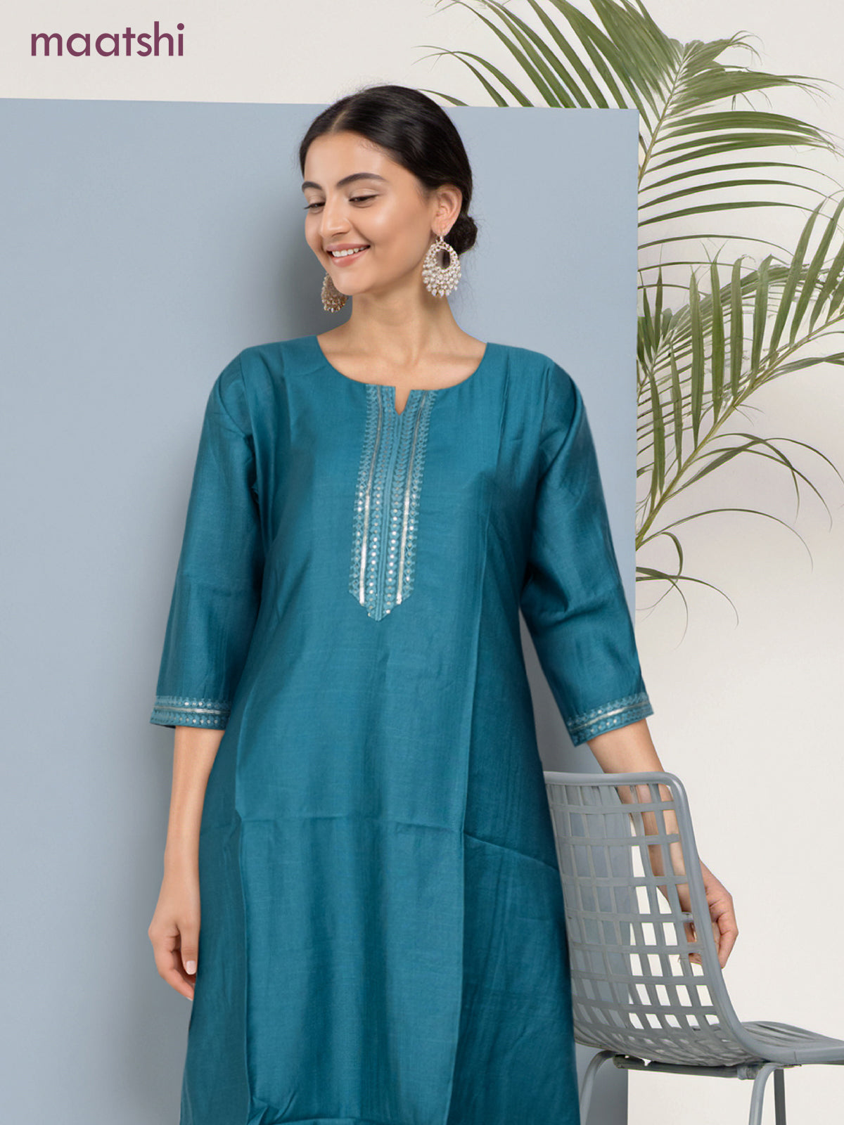 Rayon readymade kurti peacock blue with sequin lace patch work neck pattern without pant