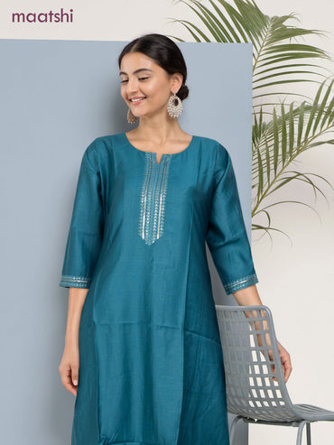 Rayon readymade kurti peacock blue with sequin lace patch work neck pattern without pant