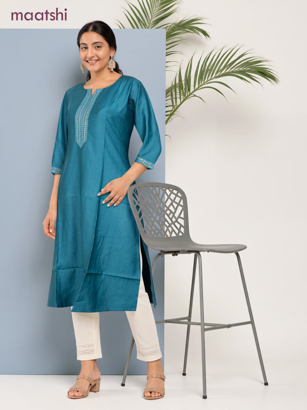 Rayon readymade kurti peacock blue with sequin lace patch work neck pattern without pant