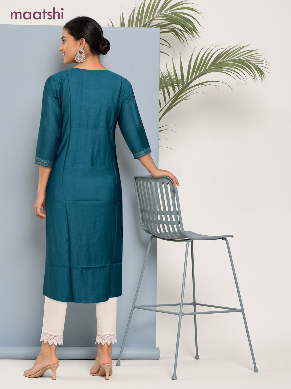 Rayon readymade kurti peacock blue with sequin lace patch work neck pattern without pant