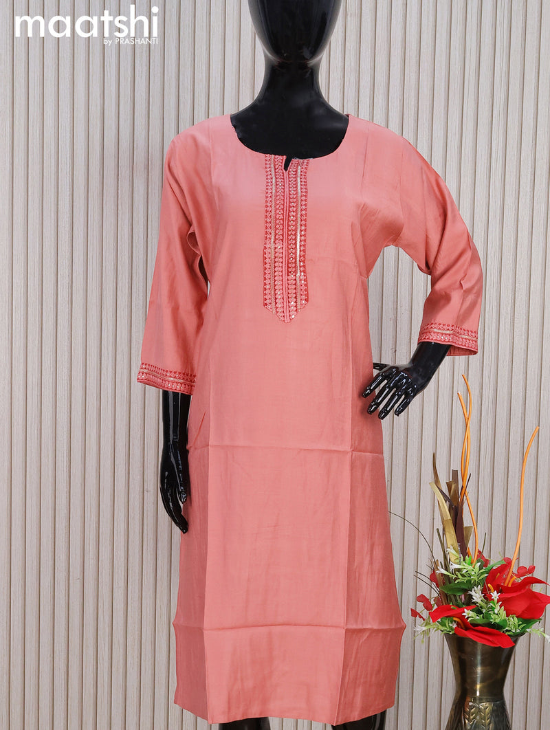 Rayon readymade kurti dark peach with sequin lace patch work neck pattern without pant
