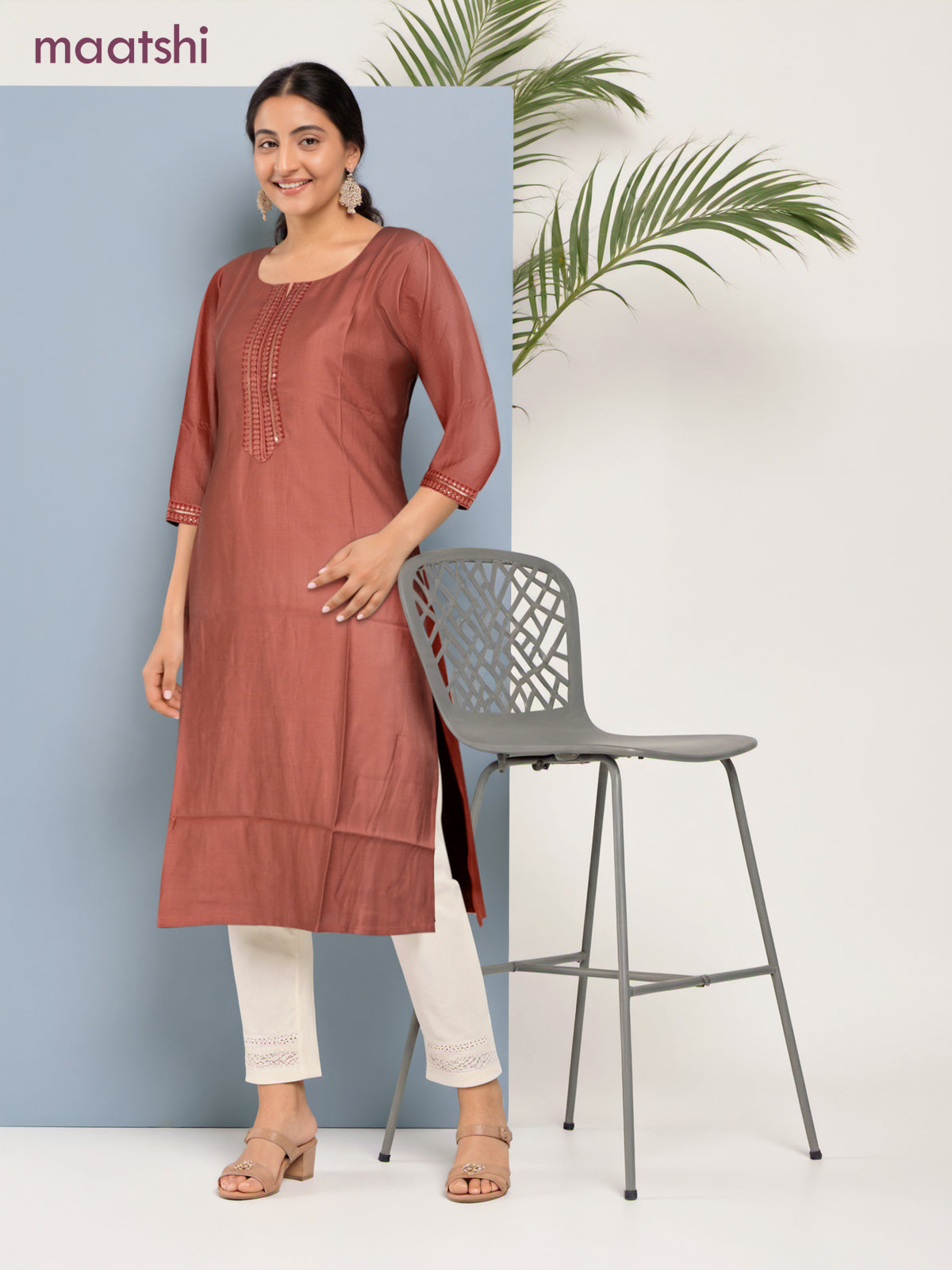 Rayon readymade kurti dark peach with sequin lace patch work neck pattern without pant