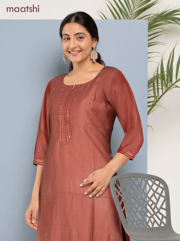 Rayon readymade kurti dark peach with sequin lace patch work neck pattern without pant