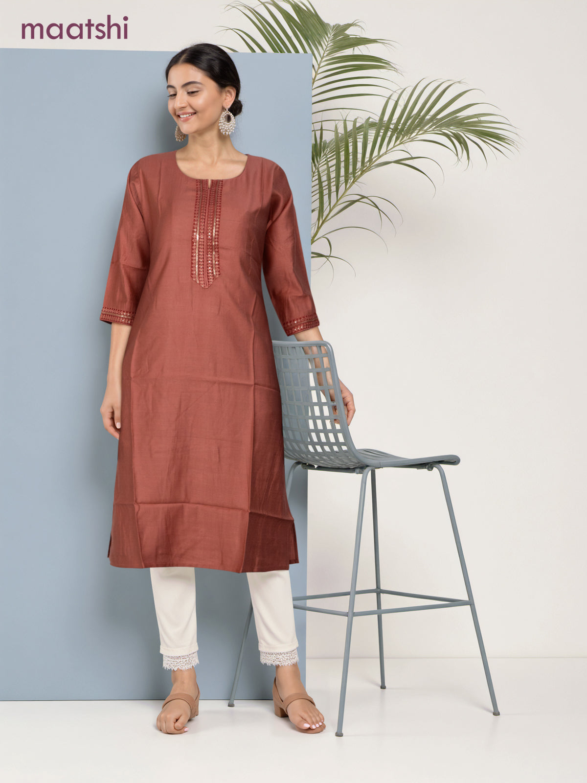 Rayon readymade kurti dark peach with sequin lace patch work neck pattern without pant