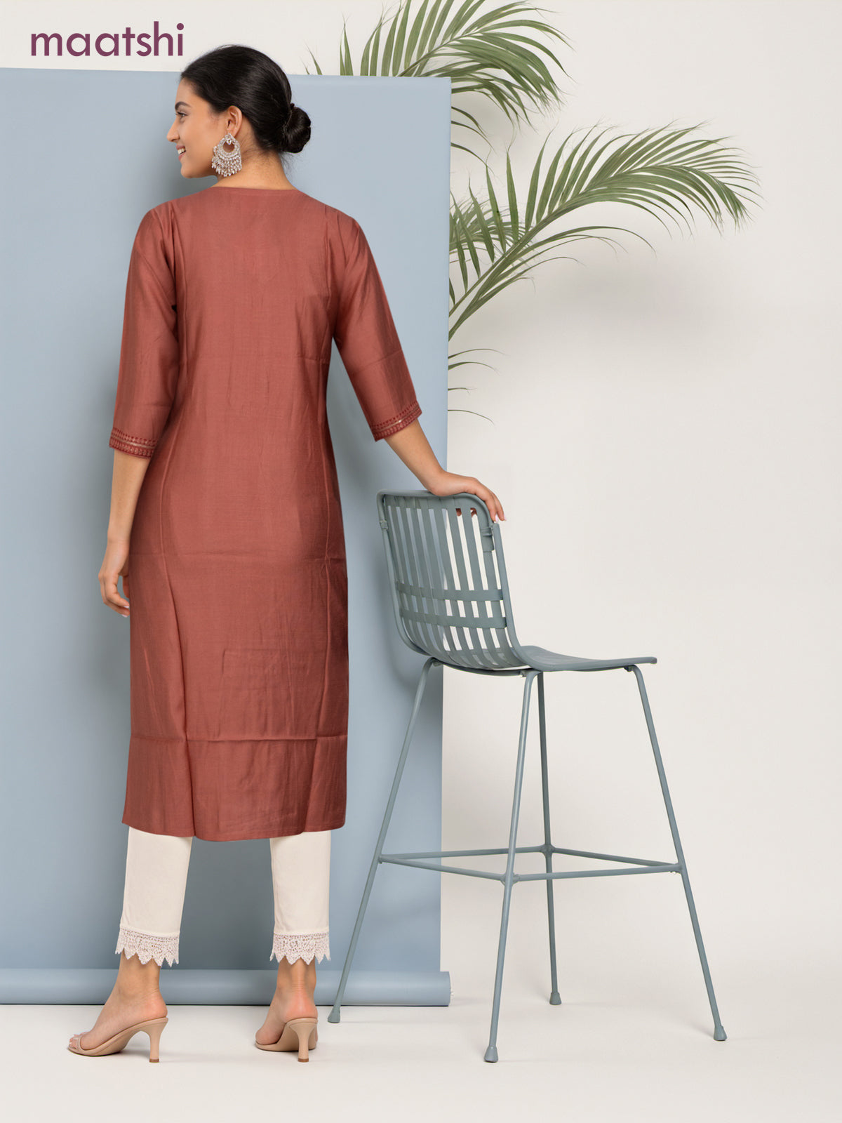 Rayon readymade kurti dark peach with sequin lace patch work neck pattern without pant