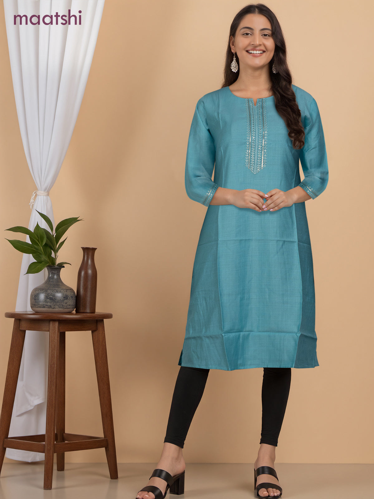 Rayon readymade kurti light blue with sequin lace patch work neck pattern without pant