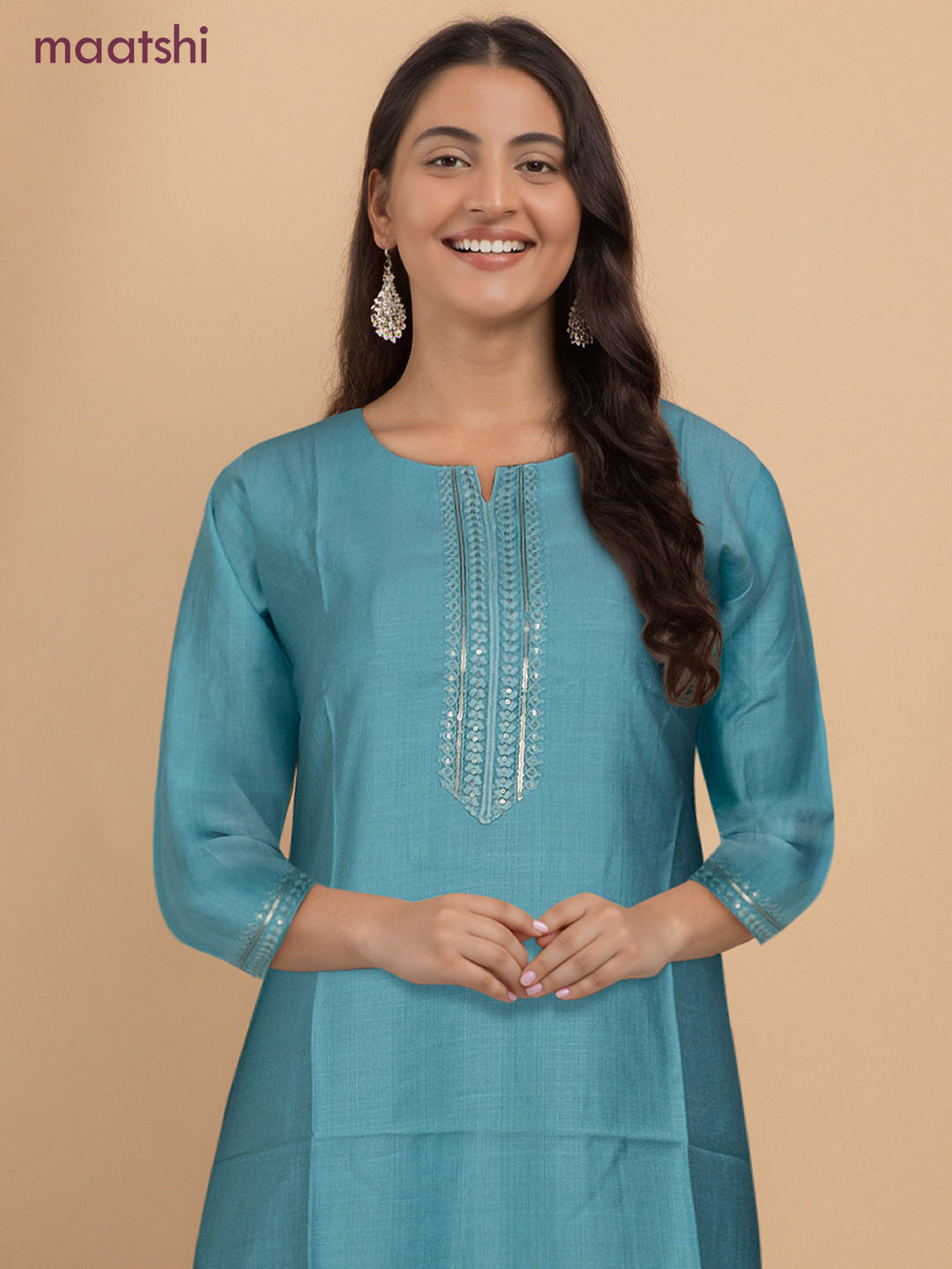 Rayon readymade kurti light blue with sequin lace patch work neck pattern without pant
