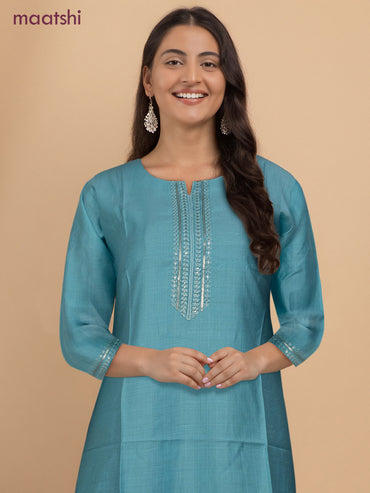 Rayon readymade kurti light blue with sequin lace patch work neck pattern without pant