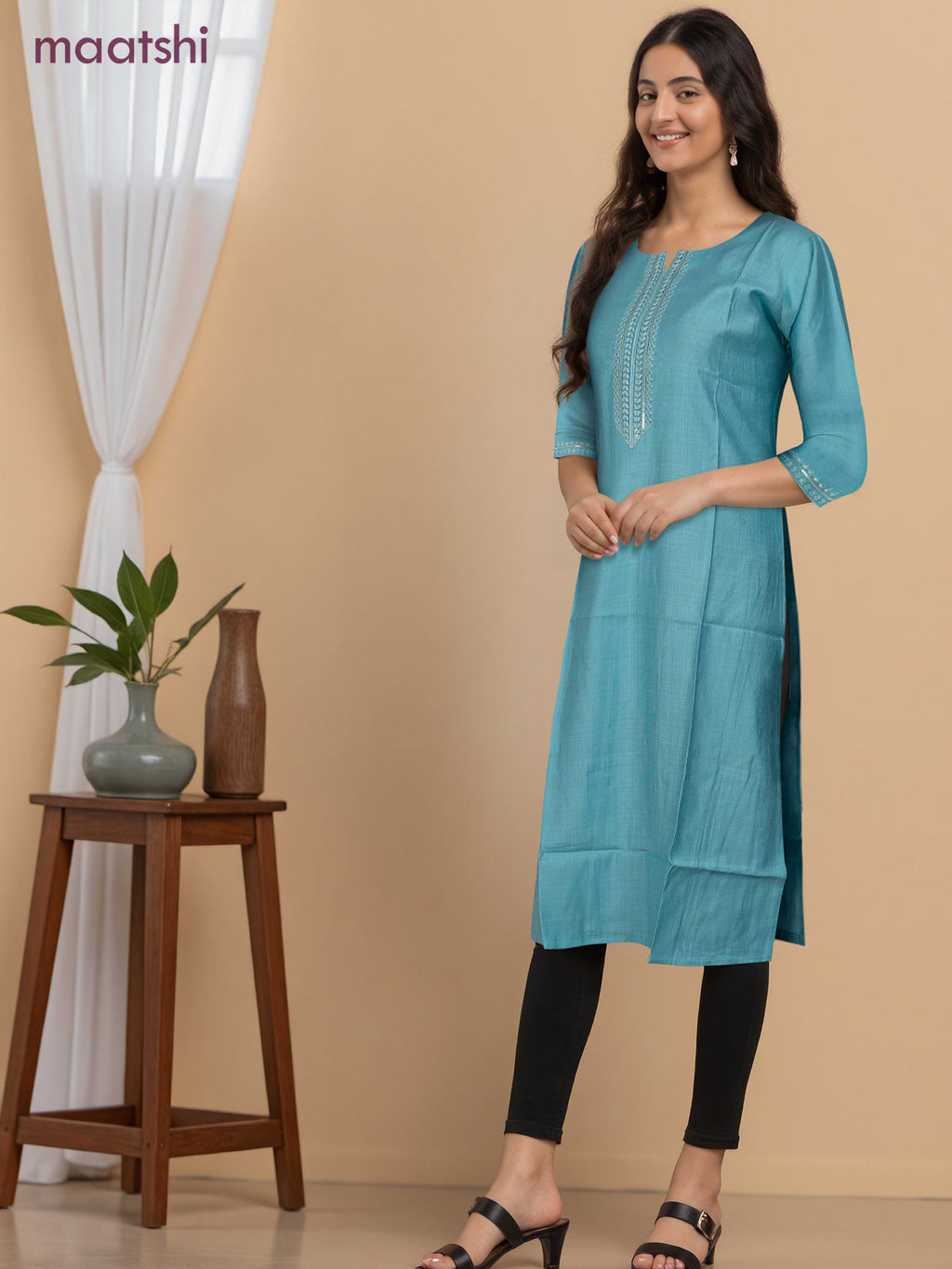Rayon readymade kurti light blue with sequin lace patch work neck pattern without pant
