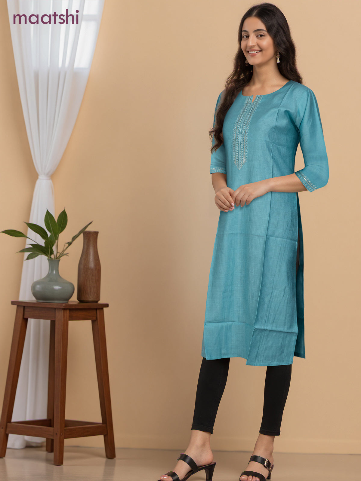 Rayon readymade kurti light blue with sequin lace patch work neck pattern without pant