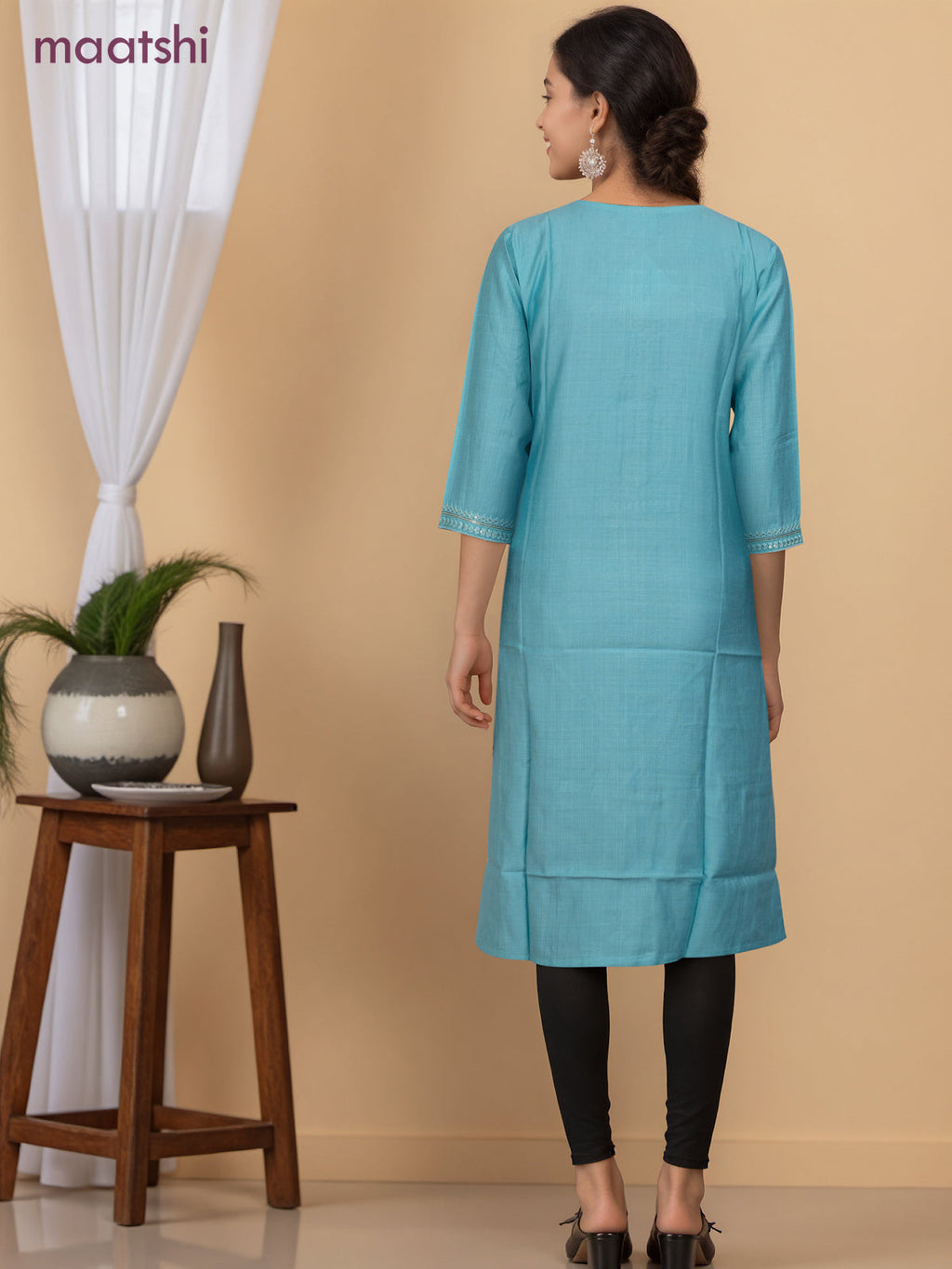 Rayon readymade kurti light blue with sequin lace patch work neck pattern without pant