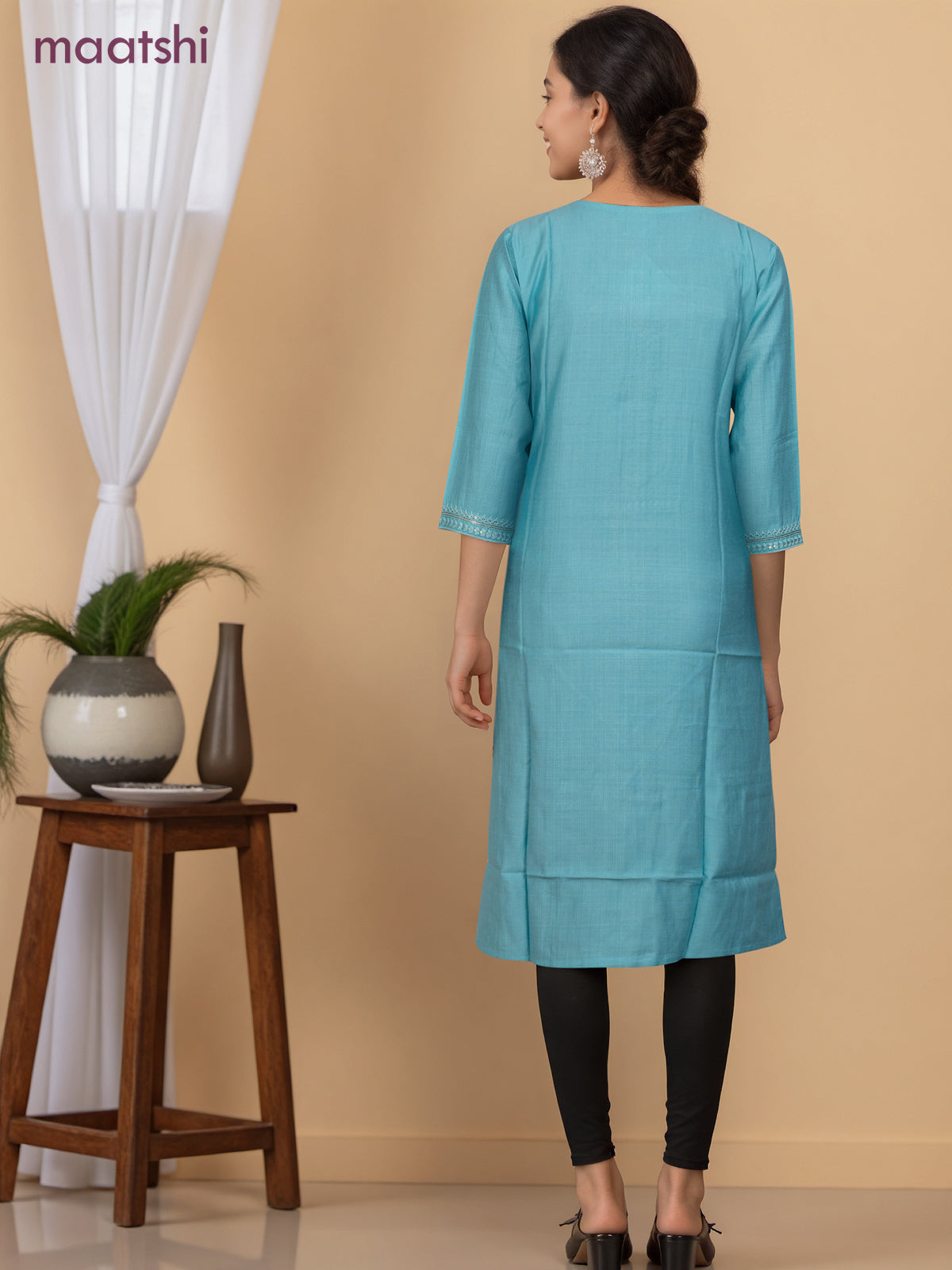Rayon readymade kurti light blue with sequin lace patch work neck pattern without pant