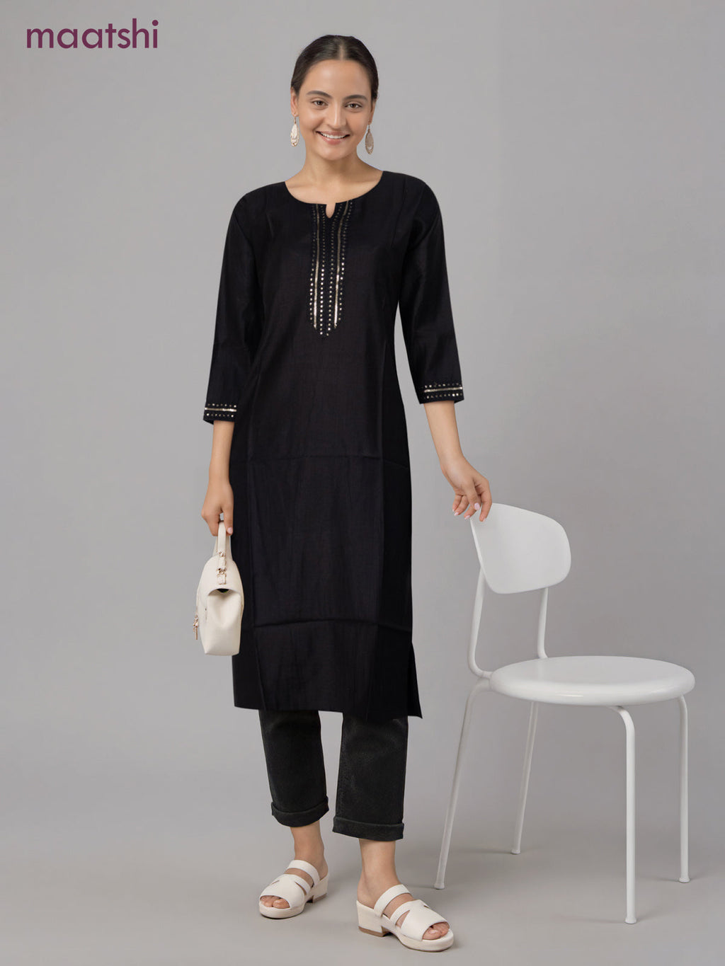 Rayon readymade kurti black with sequin lace patch work neck pattern without pant