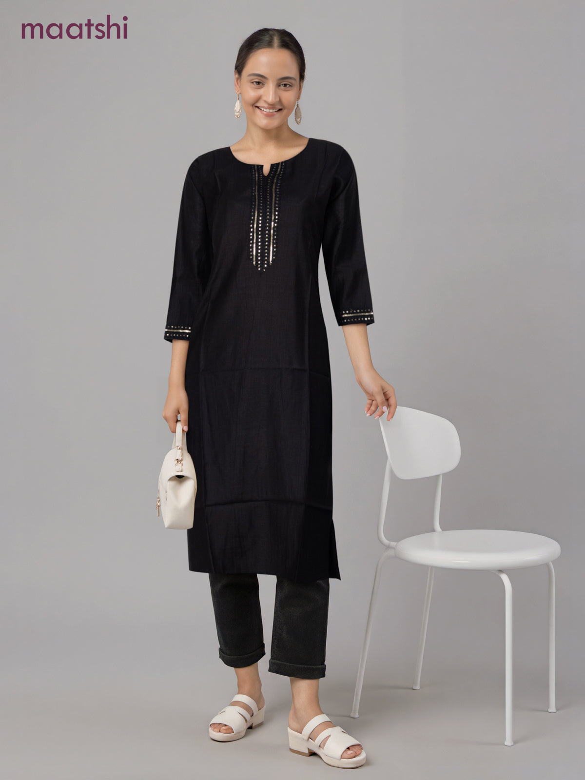 Rayon readymade kurti black with sequin lace patch work neck pattern without pant