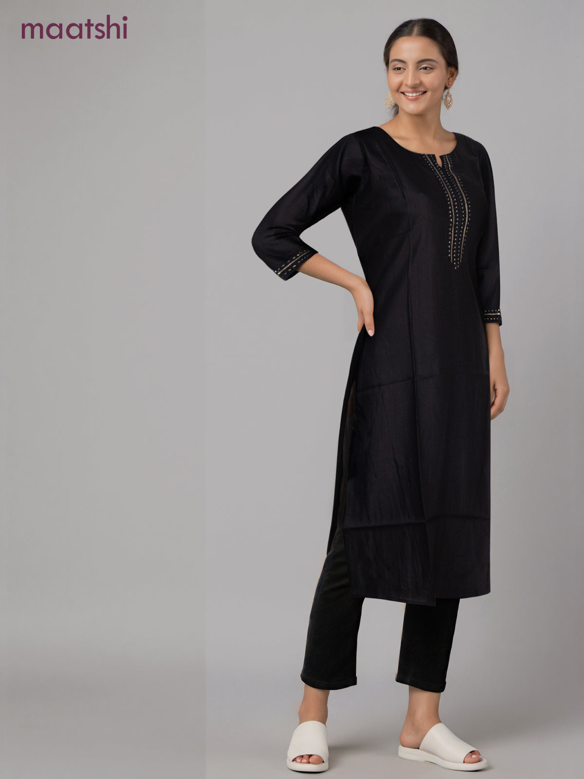 Rayon readymade kurti black with sequin lace patch work neck pattern without pant