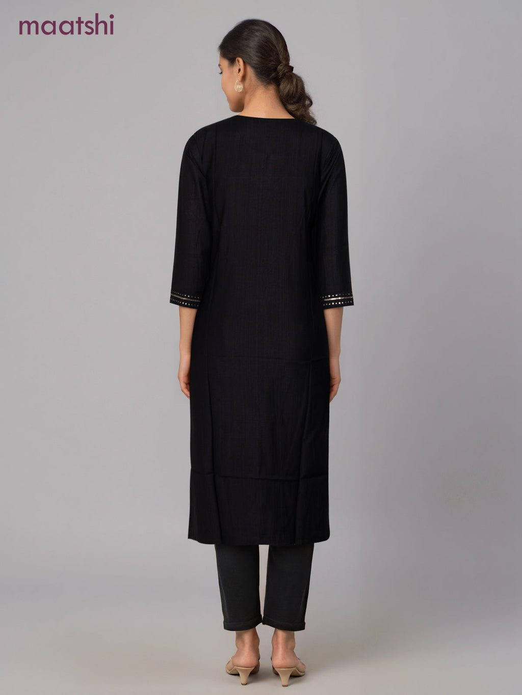 Rayon readymade kurti black with sequin lace patch work neck pattern without pant