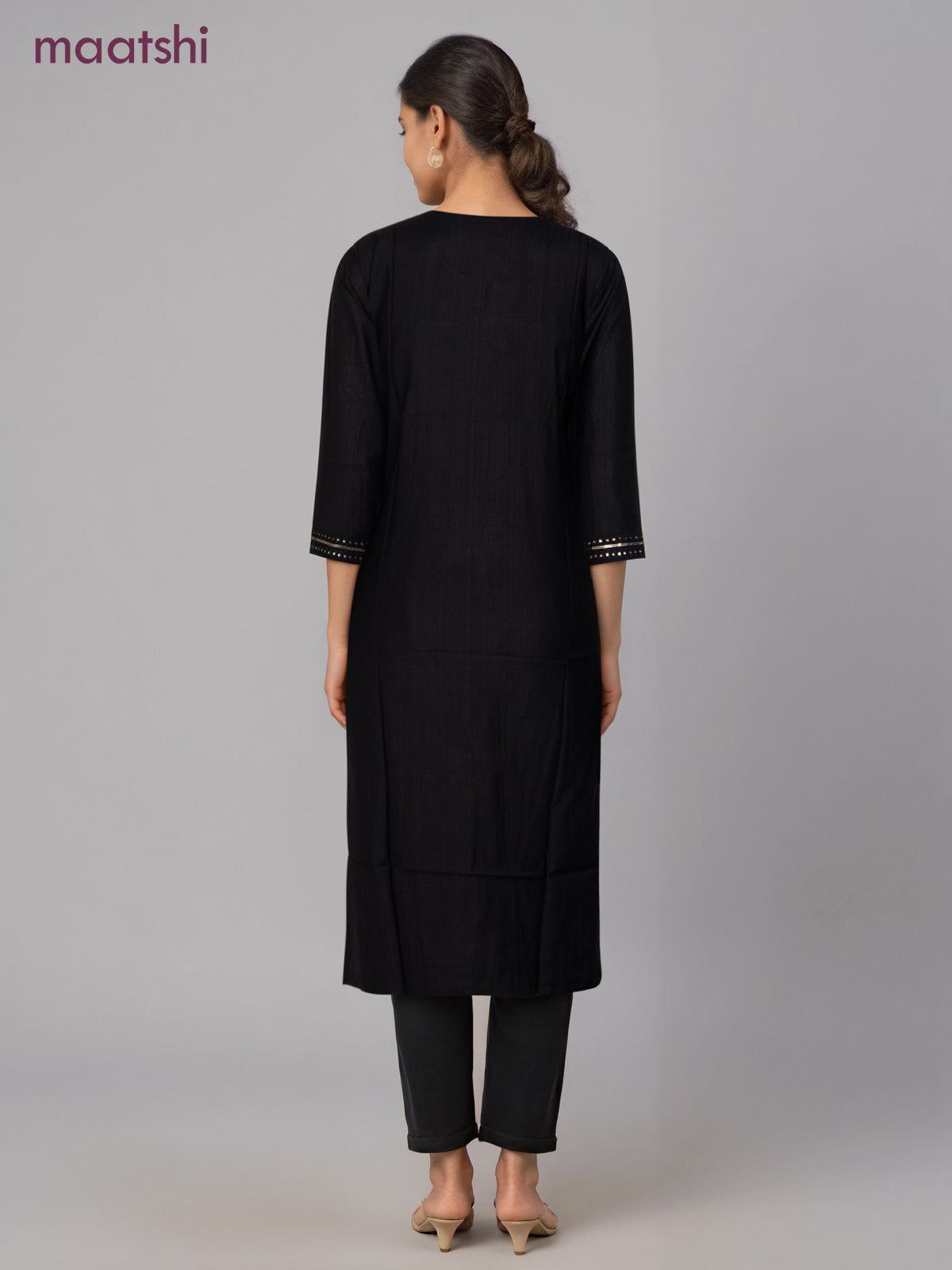 Rayon readymade kurti black with sequin lace patch work neck pattern without pant