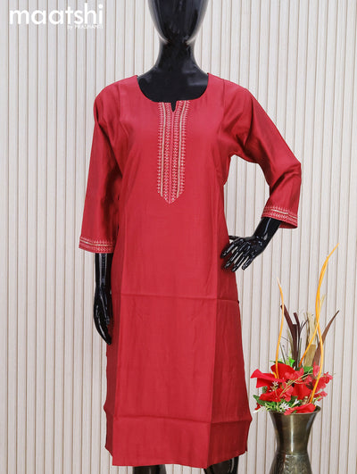 Rayon readymade kurti kum kum red with sequin lace patch work neck pattern without pant