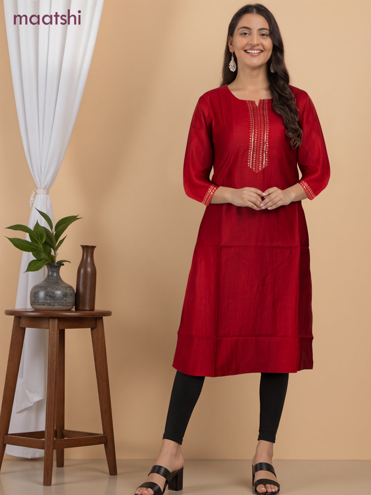 Rayon readymade kurti kum kum red with sequin lace patch work neck pattern without pant